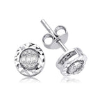 Round diamond stud earrings with faceted silver setting on white background