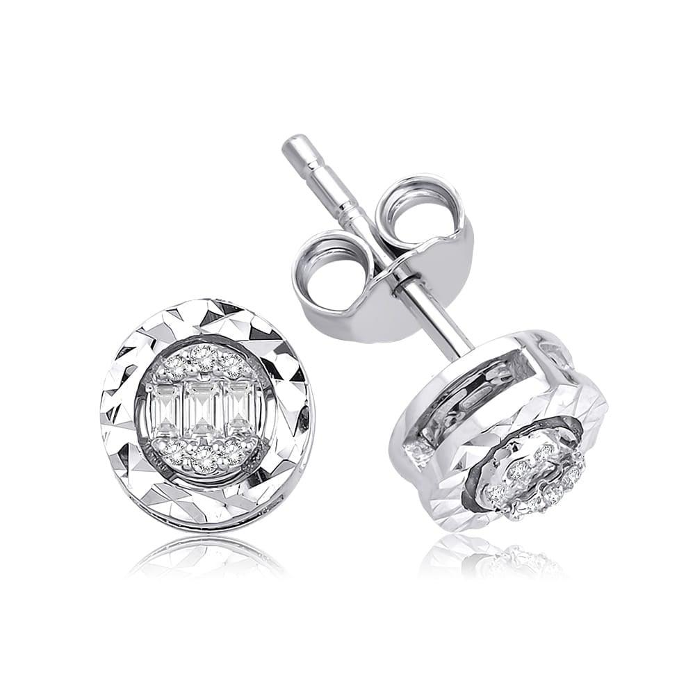 Round diamond stud earrings with faceted silver setting on white background