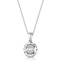 Silver chain necklace with round diamond pendant, faceted border and geometric center design