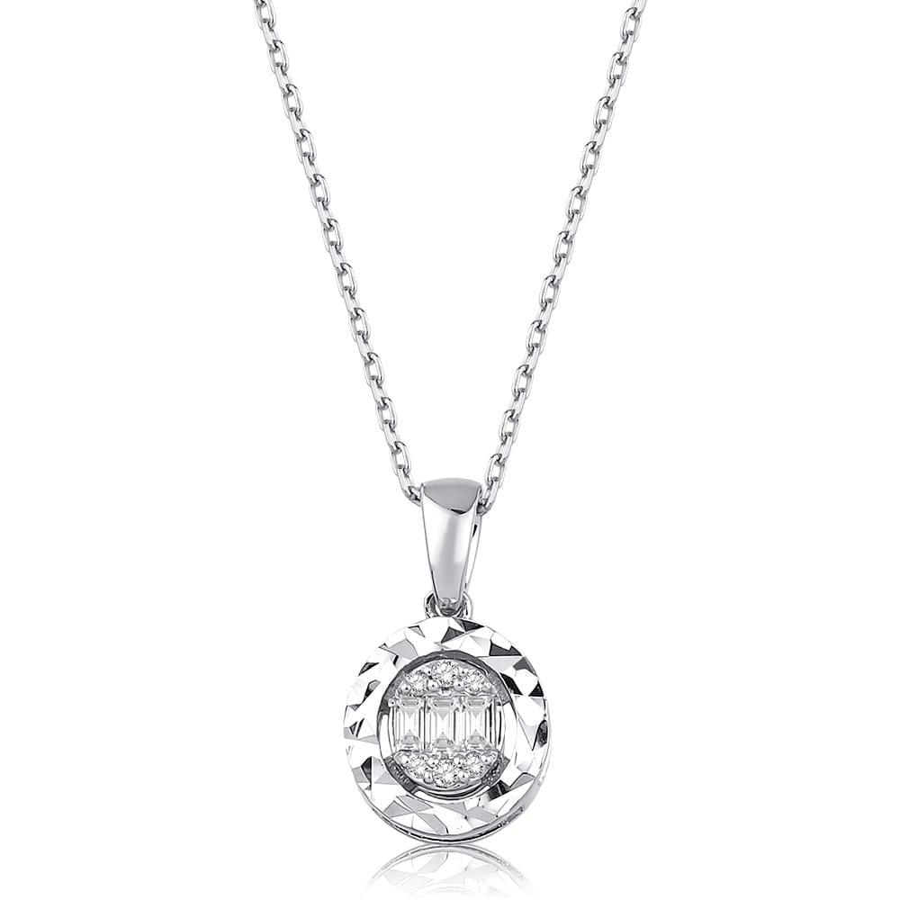 Silver chain necklace with round diamond pendant, faceted border and geometric center design