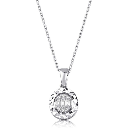 Silver chain necklace with round diamond pendant, faceted border and geometric center design