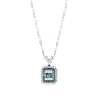 White gold necklace with emerald-cut blue and white diamond halo pendant