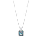 White gold necklace with square blue and white diamond halo pendant on a plain background