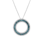 Circle pendant necklace with blue baguette and white round diamonds on a silver chain