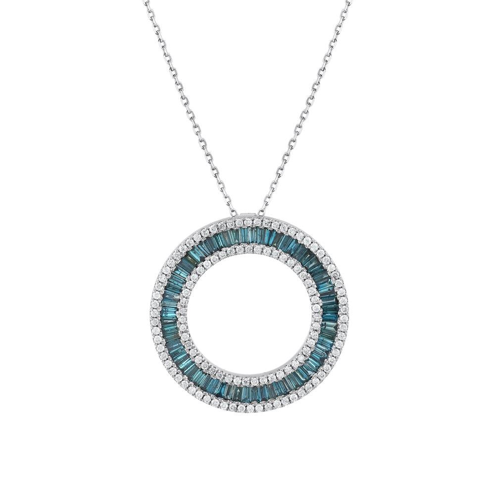 Circle pendant necklace with blue baguette and white round diamonds on a silver chain