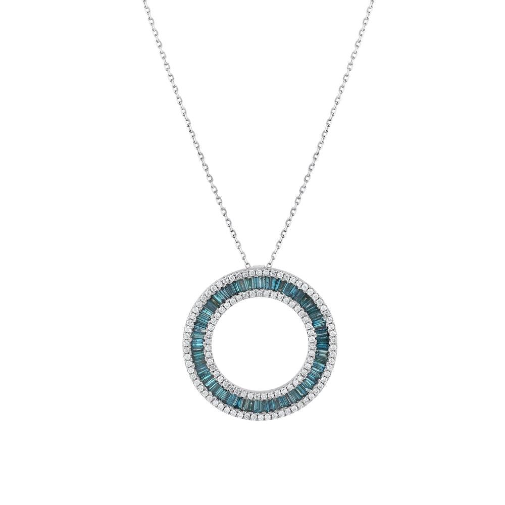 Circle pendant necklace with blue baguette and white round stones on a silver chain
