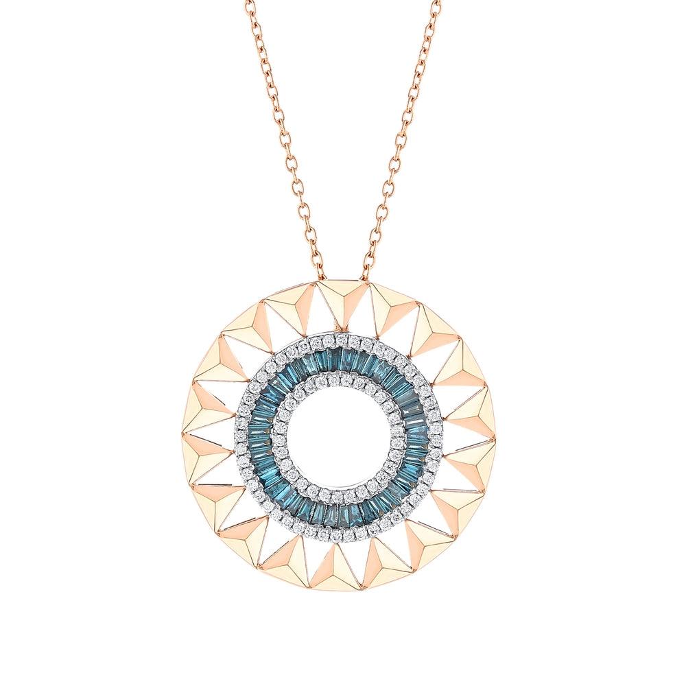 Round geometric pendant necklace with blue gemstones, diamonds, and gold chain