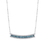 White gold necklace with blue baguette and round white diamonds in a curved bar design
