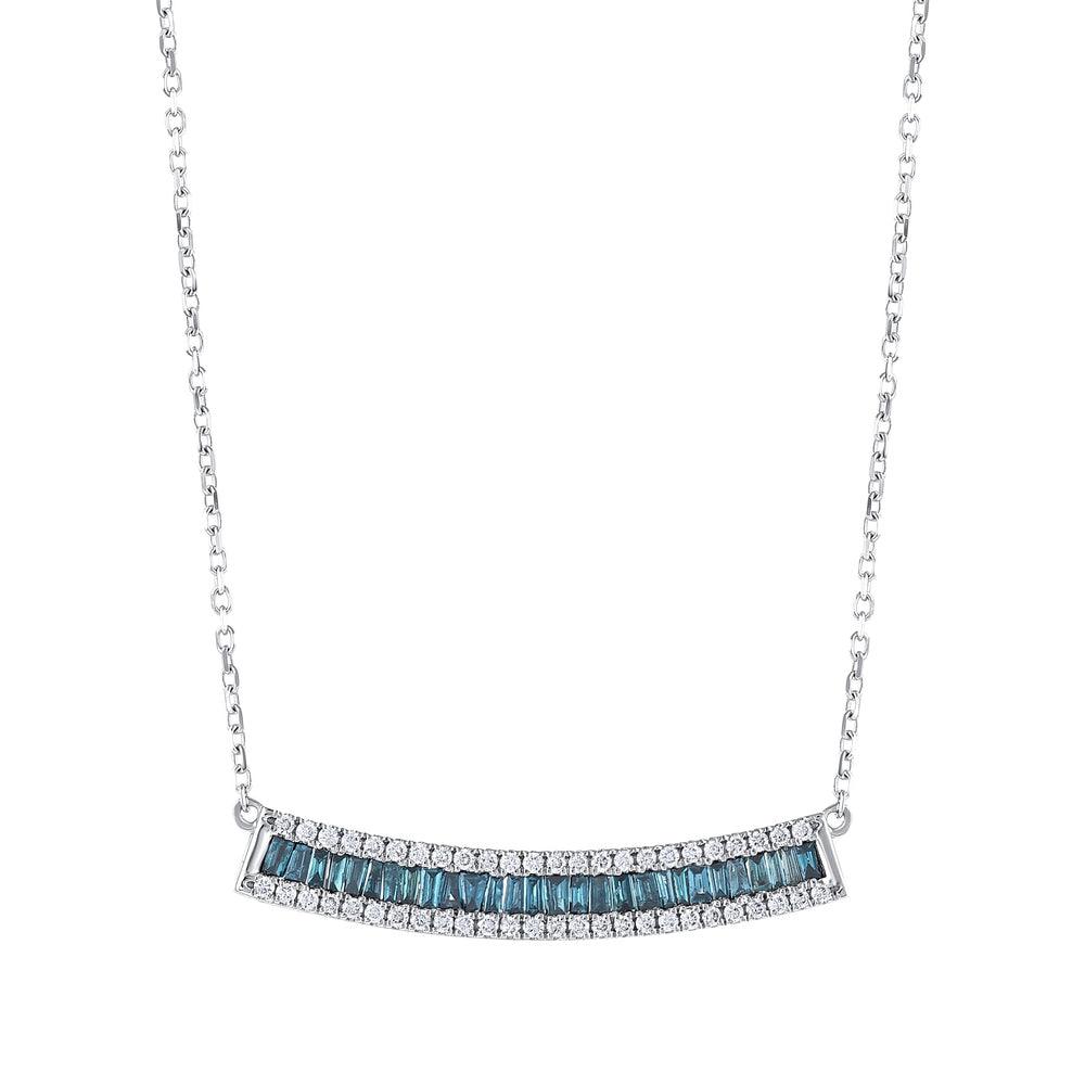 White gold necklace with blue baguette and round white diamonds in a curved bar design