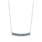 White gold necklace with baguette blue stones and round diamonds in curved bar design