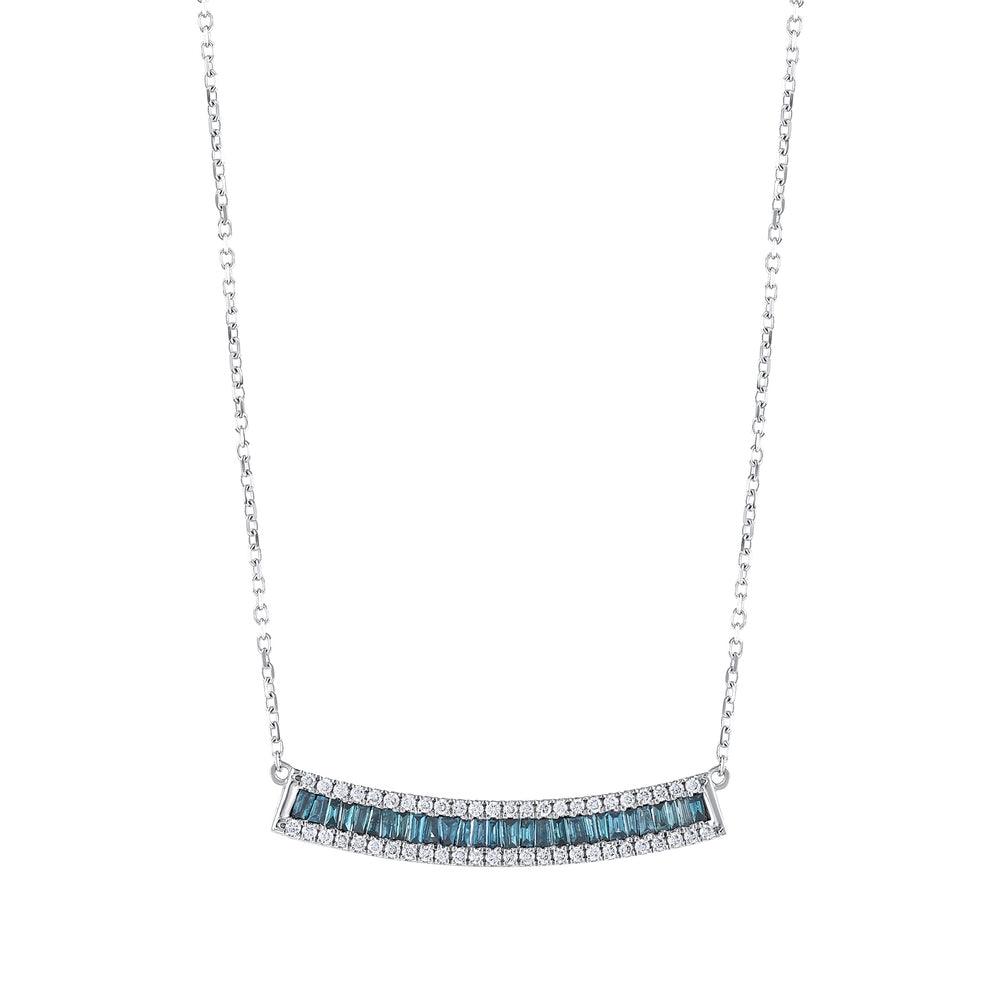 White gold necklace with baguette blue stones and round diamonds in curved bar design
