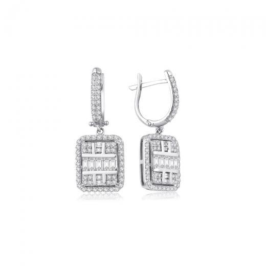 Baguette cut diamond drop earrings with square halo design on white background