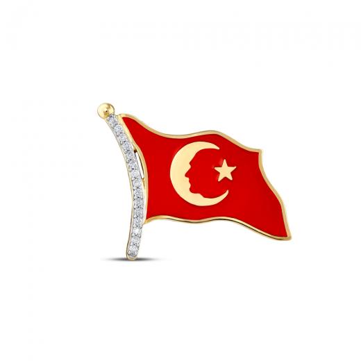 0.06 ct. Pırlanta Atatürk Silüetli Türk Bayrağı Rozeti